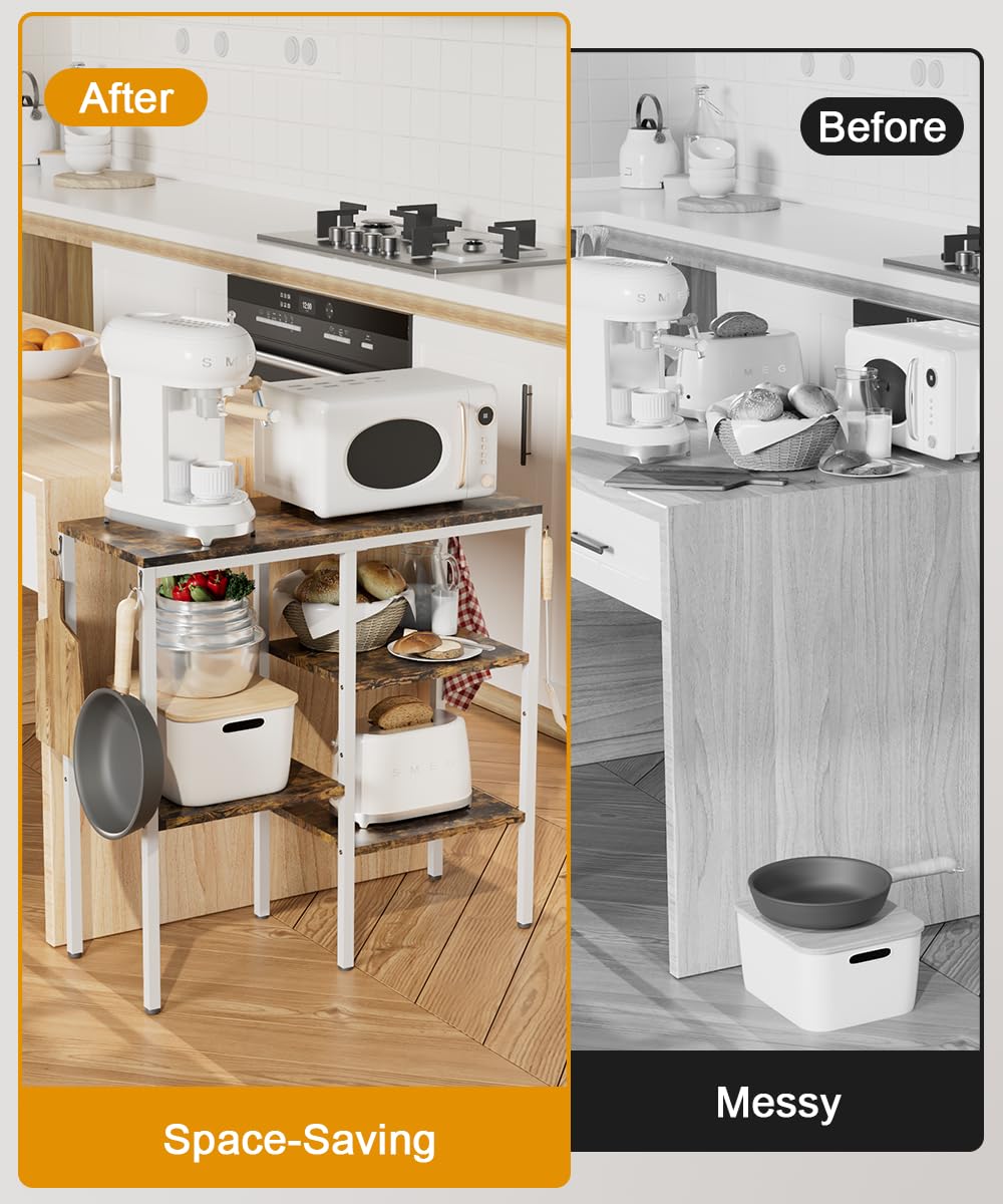 Artibear 4-Tier Kitchen Microwave Oven Stand, Adjustable Coffee Bar Station for Small Appliance, Baker's Rack with 4 Hooks & 5 Storage Shelves, Utility Rack for Kitchen, Living Room, Office, White Artibear