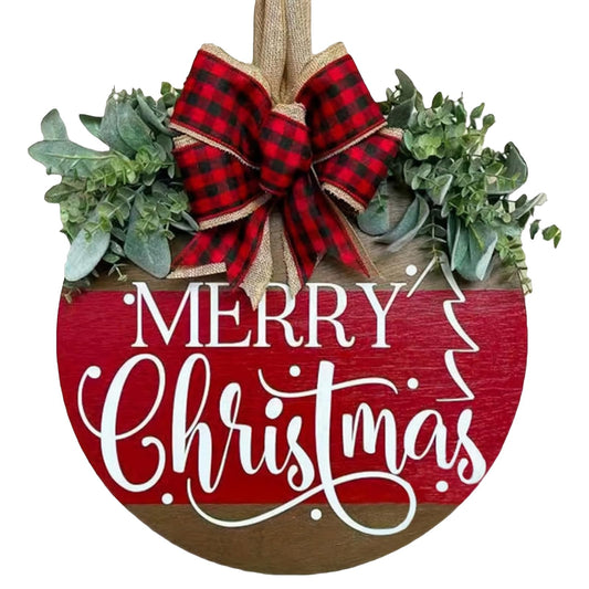 Merry Christmas Door Hanger Sign for Front, Chrismas Welcome Wooden Wreaths Sign with Bow for Winter Farmhouse Garden Porch Decorations (Christmas Door Sign)