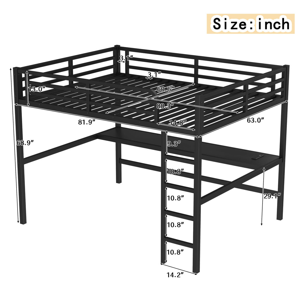 Metal Queen Size Loft Bed with Desk and Charging Station,Heavy Duty Loft Bed Frame Queen Size with LED Lights and USB for Kids,Teens,Adults,Black Desk Bellemave
