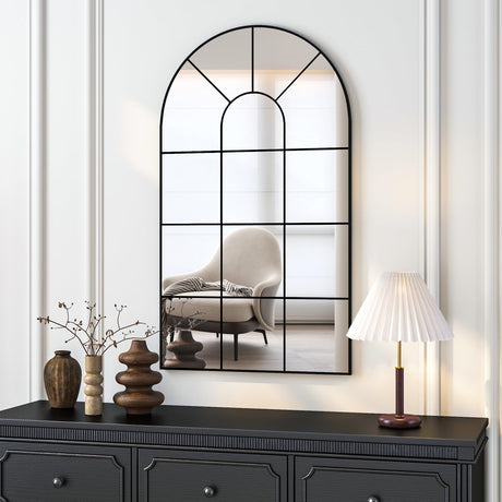 NEUWEABY Arched Wall Mirror, 42"x24" Arched Window Mirror Decorative Wall Mounted, Black Frame Window Pane Mirror Rustic Arch Mirror for Living Room Bedroom Entryway NEUWEABY