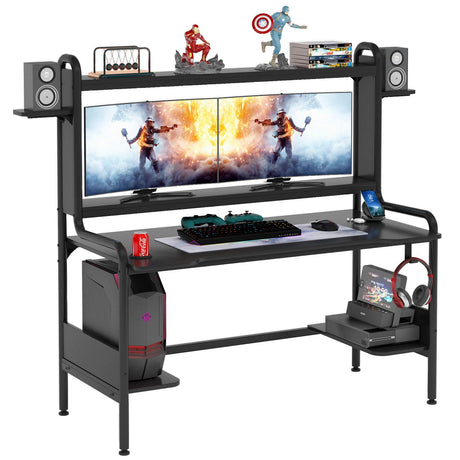 TIYASE Gaming Desk with Monitor Stand, Computer Desk with Hutch and Storage Shelves, Large PC Gamer Desk, Workstation Table with Cup Holder, Headphone Hook, Speak Stands, Black, 55 Inch TIYASE