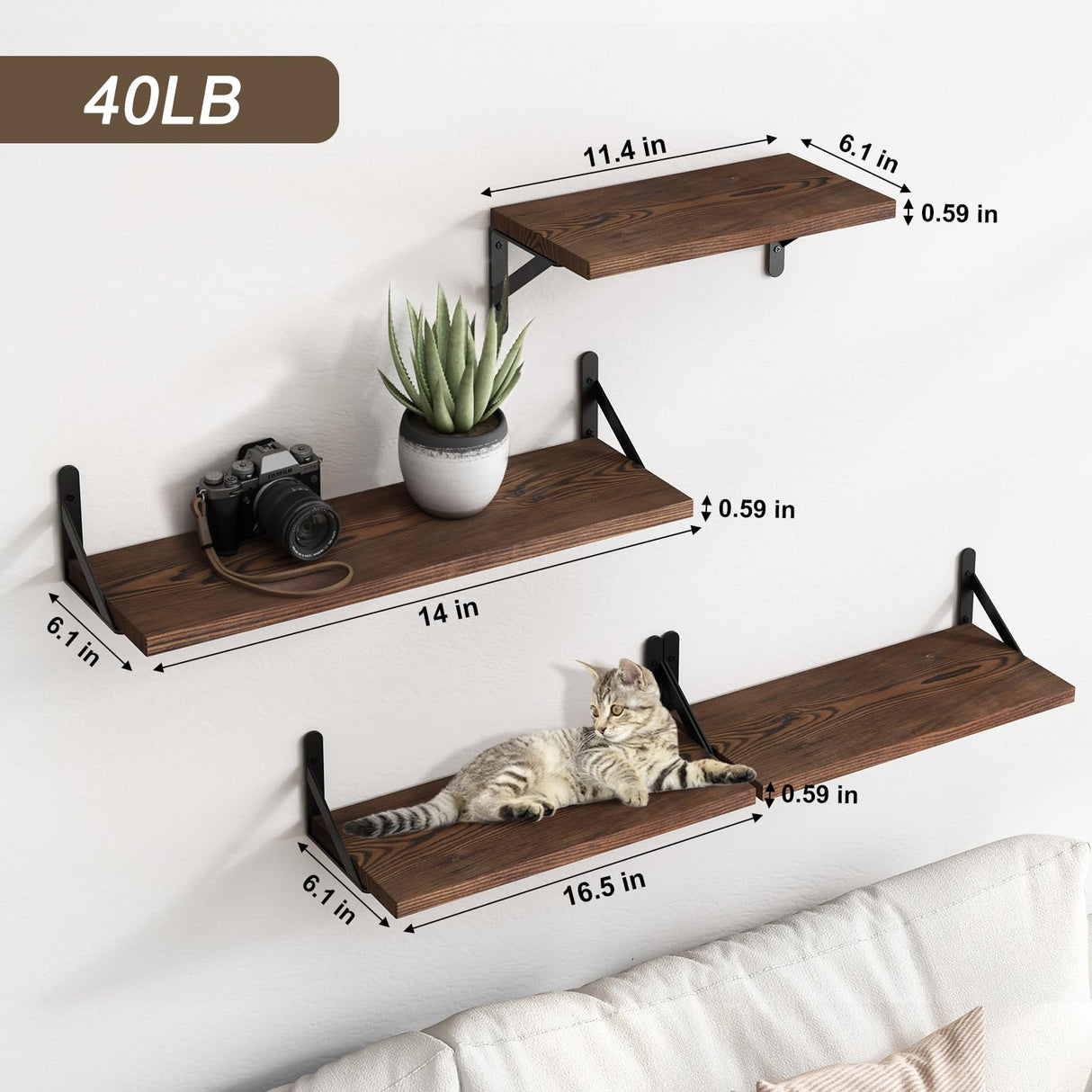 YGEOMER Floating Shelves, Rustic Wood Shelves, 4 Sets of Wall Mounted Shelf for Bathroom Decor, Bedroom, Living Room and Plants (Distressed Pine) YGEOMER