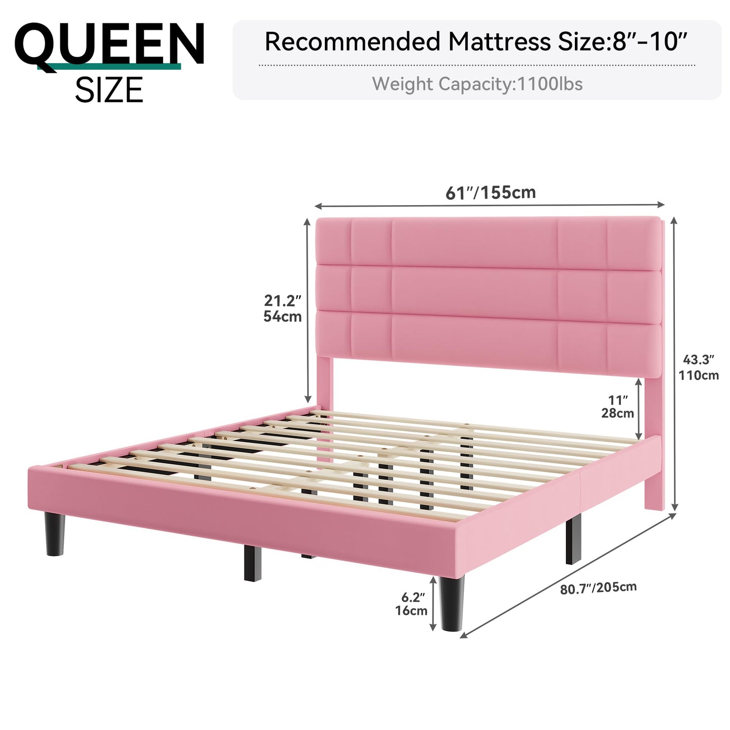 YITAHOME Full Bed Frame Velvet Fabric Upholstered Platform with Headboard and Strong Wooden Slats, Non-Slip and Noise-Free,No Box Spring Needed, Easy Assembly,Pink