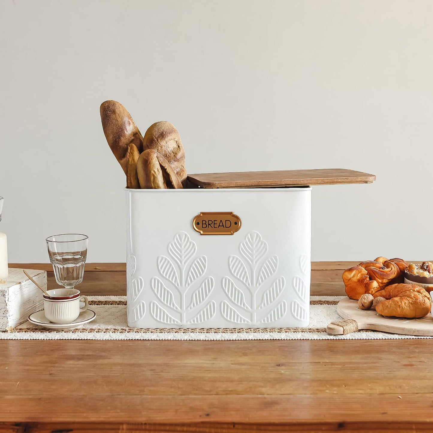 NIKKY HOME Extra Large Space Saving Farmhouse White Bread Box With Bamboo Lid - Holds 2 Loaves - Vertical Breadbox Bread Storage Bin Holder for Kitchen Countertop, Plant Embossed Pattern