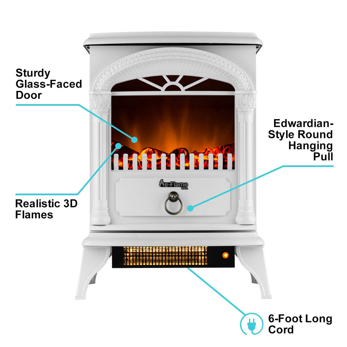 e-Flame USA Hamilton Indoor Compact Freestanding Electric Fireplace Space Heater - Realistic 3-D Wood Burning Flame (Winter White) e-Flame USA