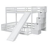 Duxelifin Twin Over Full Bunk Beds with Slide and Stairs, Floor Bunk Bed Frame with Rails, Convertible Wood Loft Bed with Storage Staircase for Kids Boys Girls, White Duxelifin