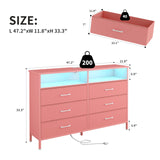 Dresser for bedroom, Pink Bedroom Dresser with LED Lights and Charging Station, 6 Long Drawers Dressers, Tall Wide Fabric Chest of Drawers Storage Organizer TV Stand for up to 60" TV for Living Room SOOWERY
