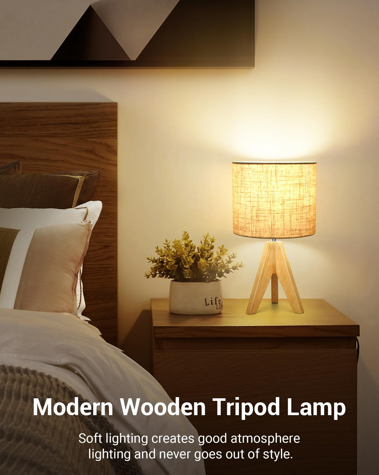 DEWENWILS Mid Century Table Lamps, Small Wooden Tripod Bedside Lamps with Linen Fabric Shade, Nightstand Lamp for Nursery, Bedroom, Kids Room, Side Table, Reading Desk, 14.2 Inch, 2 Pack DEWENWILS