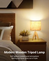 DEWENWILS Mid Century Table Lamps, Small Wooden Tripod Bedside Lamps with Linen Fabric Shade, Nightstand Lamp for Nursery, Bedroom, Kids Room, Side Table, Reading Desk, 14.2 Inch, 2 Pack DEWENWILS