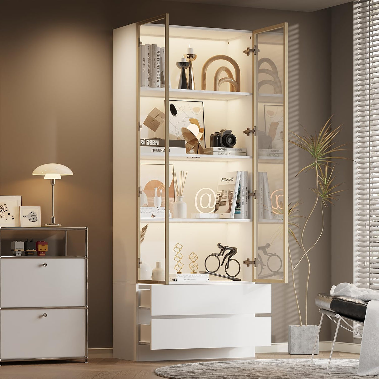 WOODTIME 78.7" H Display Storage Cabinet with Tempered Glass Doors & 3-Color Light, Wooden Curio Cabinet Bookcase Bookshelf with 4-Tier Shelves & 2 Drawers for Home Office Living Room Salon, White WOODTIME