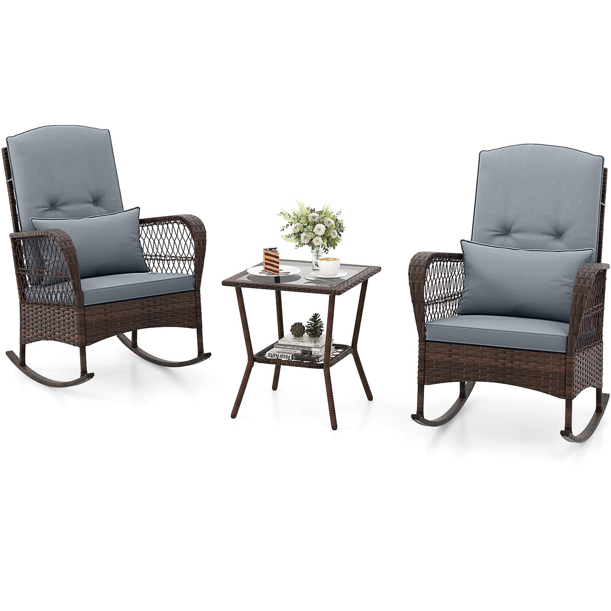 Tangkula 3 Piece Patio Rocker Set, Patiojoy Outdoor Wicker Rocking Chairs w/Double-Layer Coffee Table, Rattan Rocker Chair Set w/Seat Back Cushions & Pillows, for Porch, Backyard, Poolside (Grey) Tangkula
