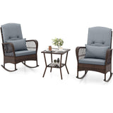 Tangkula 3 Piece Patio Rocker Set, Patiojoy Outdoor Wicker Rocking Chairs w/Double-Layer Coffee Table, Rattan Rocker Chair Set w/Seat Back Cushions & Pillows, for Porch, Backyard, Poolside (Grey) Tangkula