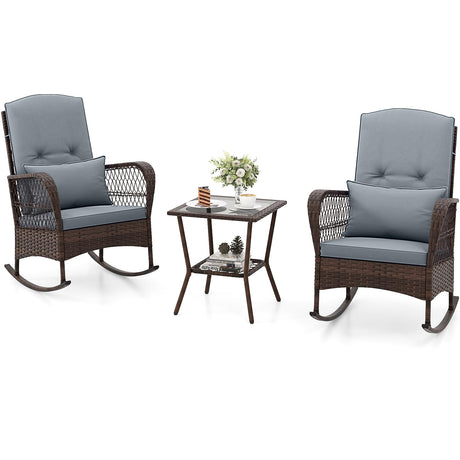 Tangkula 3 Piece Patio Rocker Set, Patiojoy Outdoor Wicker Rocking Chairs w/Double-Layer Coffee Table, Rattan Rocker Chair Set w/Seat Back Cushions & Pillows, for Porch, Backyard, Poolside (Grey) Tangkula