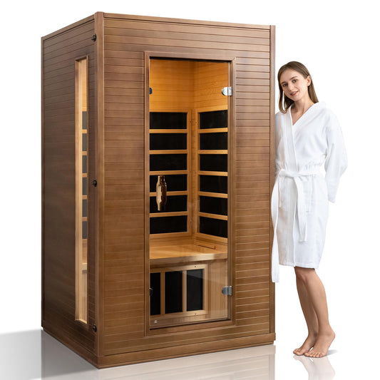 amocane Infrared Sauna 1 to 2 Person Cedar Wood Home Sauna Room, 110V Carbon Fiber Far Infrared Indoor Sauna Spa, Color Lights, Dry Sauna with Bluetooth(L 47.2" x W 41.3" x H 77.9")