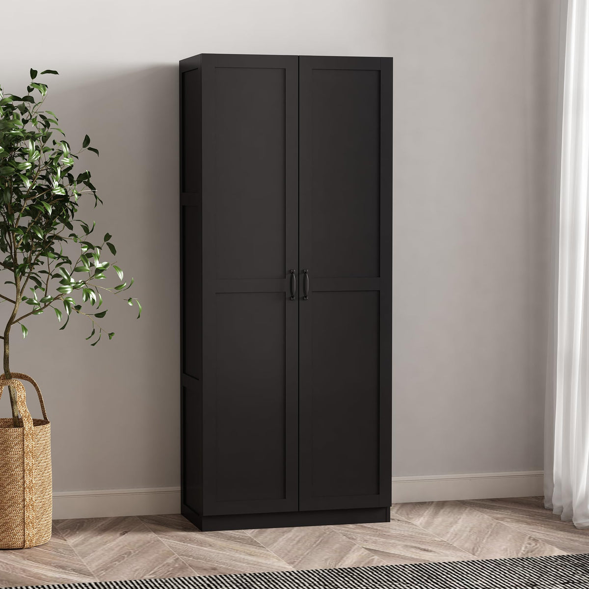 Manhattan Comfort Cornelia Modern Storage Cabinet with Doors and Shelves 2.0 - Tall Freestanding Wardrobe Closet with 4 Adjustable Cubbies for Bedroom or Linen Use, Set of 1, Black Manhattan Comfort