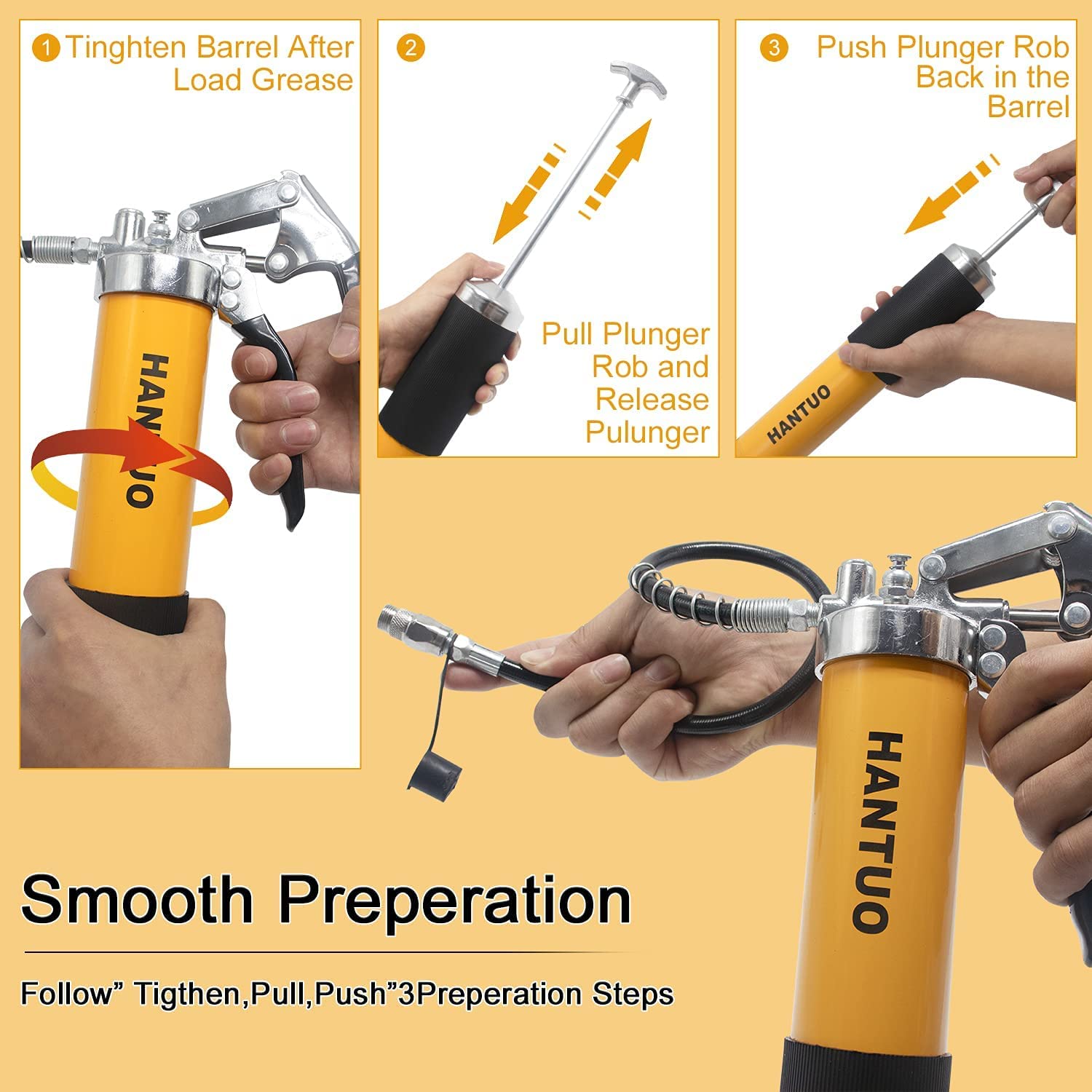 HANTUO Grease Gun, 8000 PSI Heavy Duty Pistol Grip Grease Gun Kit with 14 oz Load, 18 Inch Spring Flex Hose, 2 Grease Couplers, 2 Extension Rigid Pipes and 1 Sharp Type Nozzle, Suit for Zerk  - WoodArtSupply