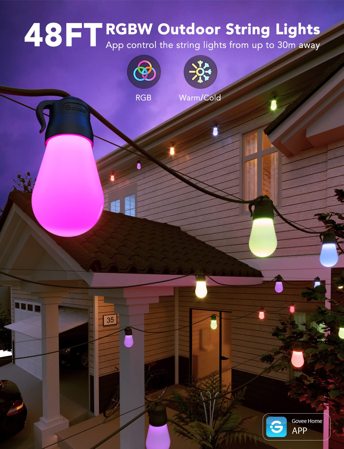 Govee Smart Outdoor String Lights H7015, 48ft RGBIC Outdoor Lights with 15 Dimmable LED Bulbs, IP65 Waterproof, Color Changing Warm White Lights with 47 Scene Modes for Patio, Backyard, App Control Govee