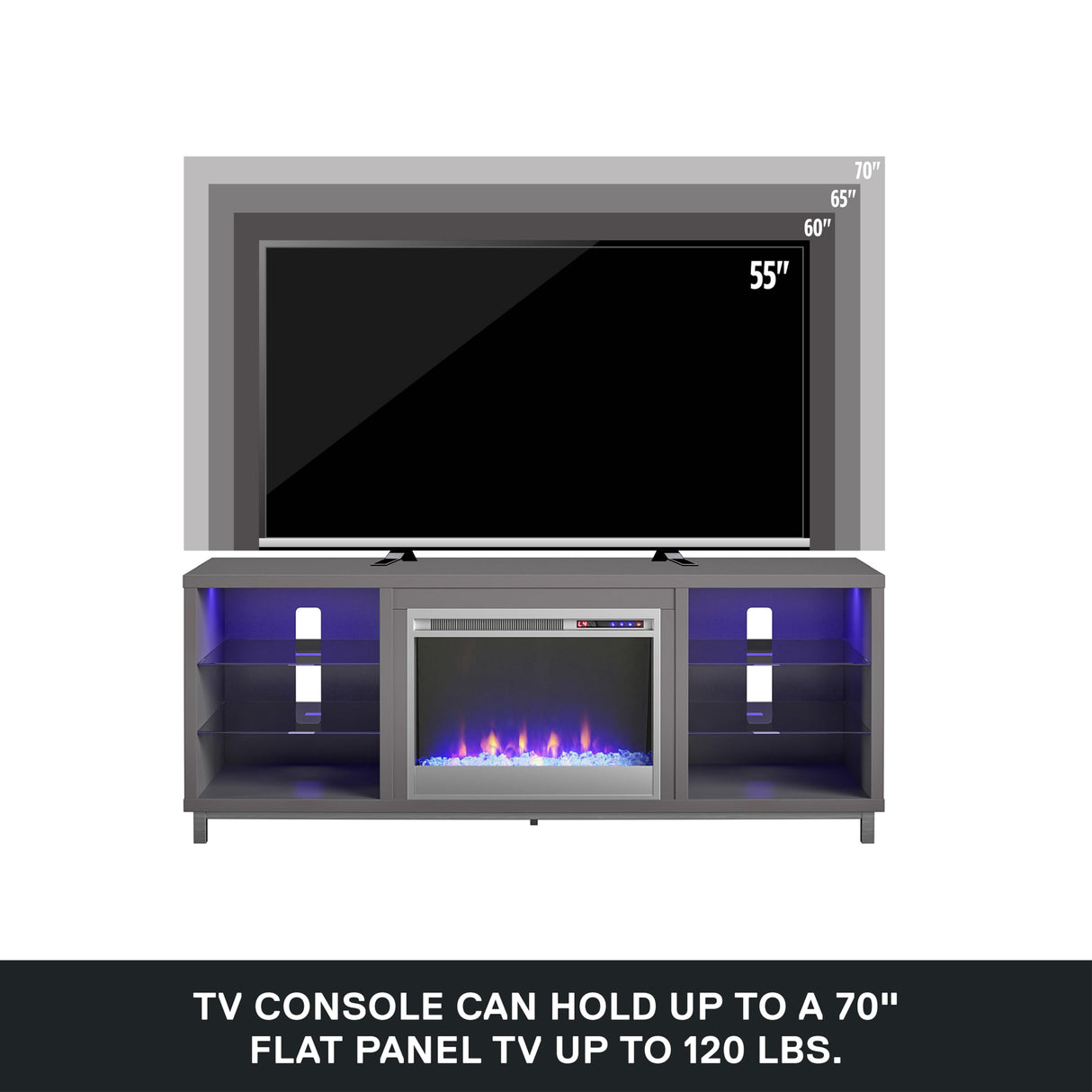 Ameriwood Home Lumina Fireplace TV Stand for TVs up to 70 Inch, Replaceable Electric Fireplace Insert Heater, Remote Control, Timer, Color Changing LED Lights, Crystal Ember Flames, Graphite Gray Ameriwood Home