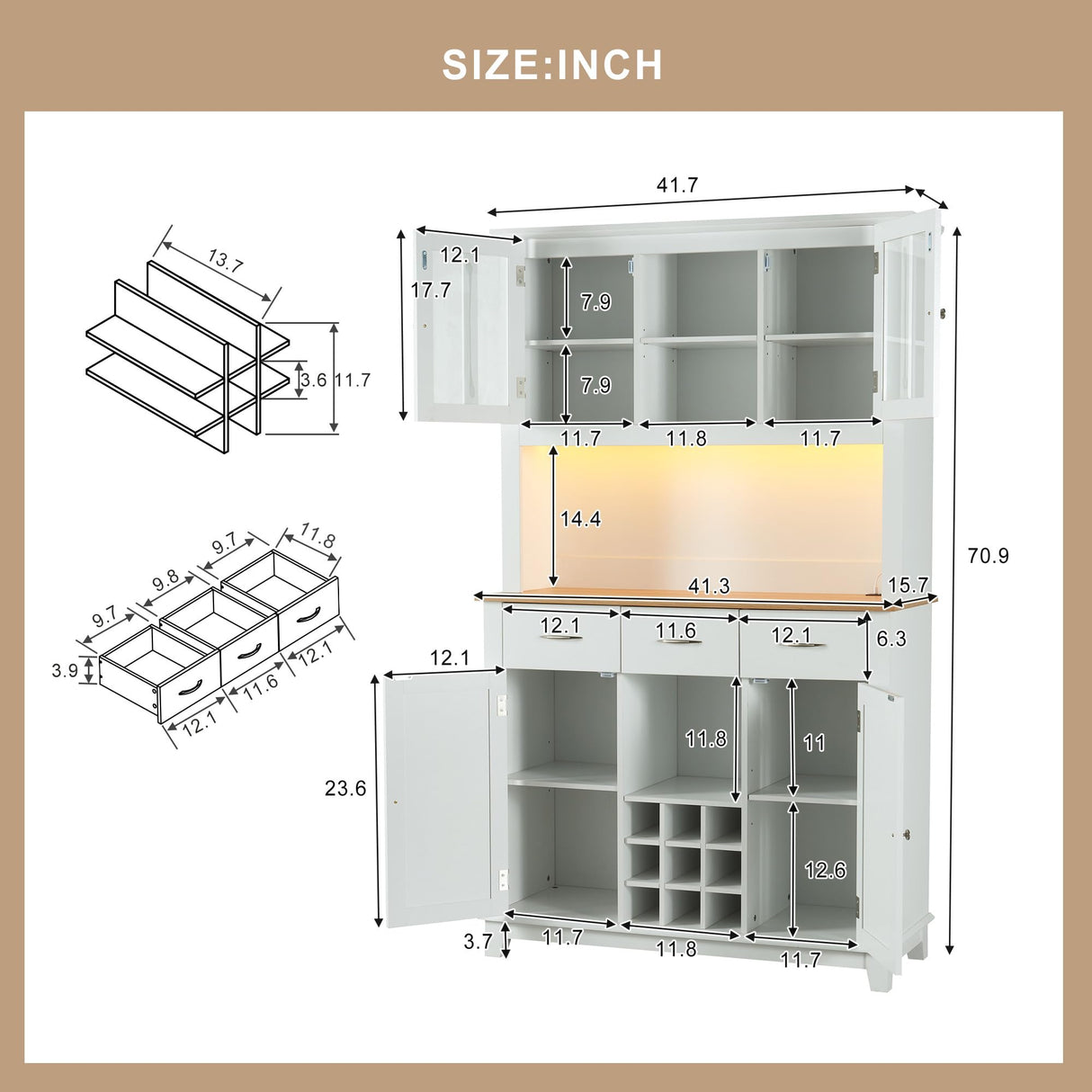 Brabrety Farmhouse 70'' Kitchen Pantry Storage Buffet Cabinet with LED Outlet,Tall Kitchen Hutch Cabinet with Wine Glass Racks and 3 Drawers,for Home Dining Room Living Room (White@Outlet) Brabrety