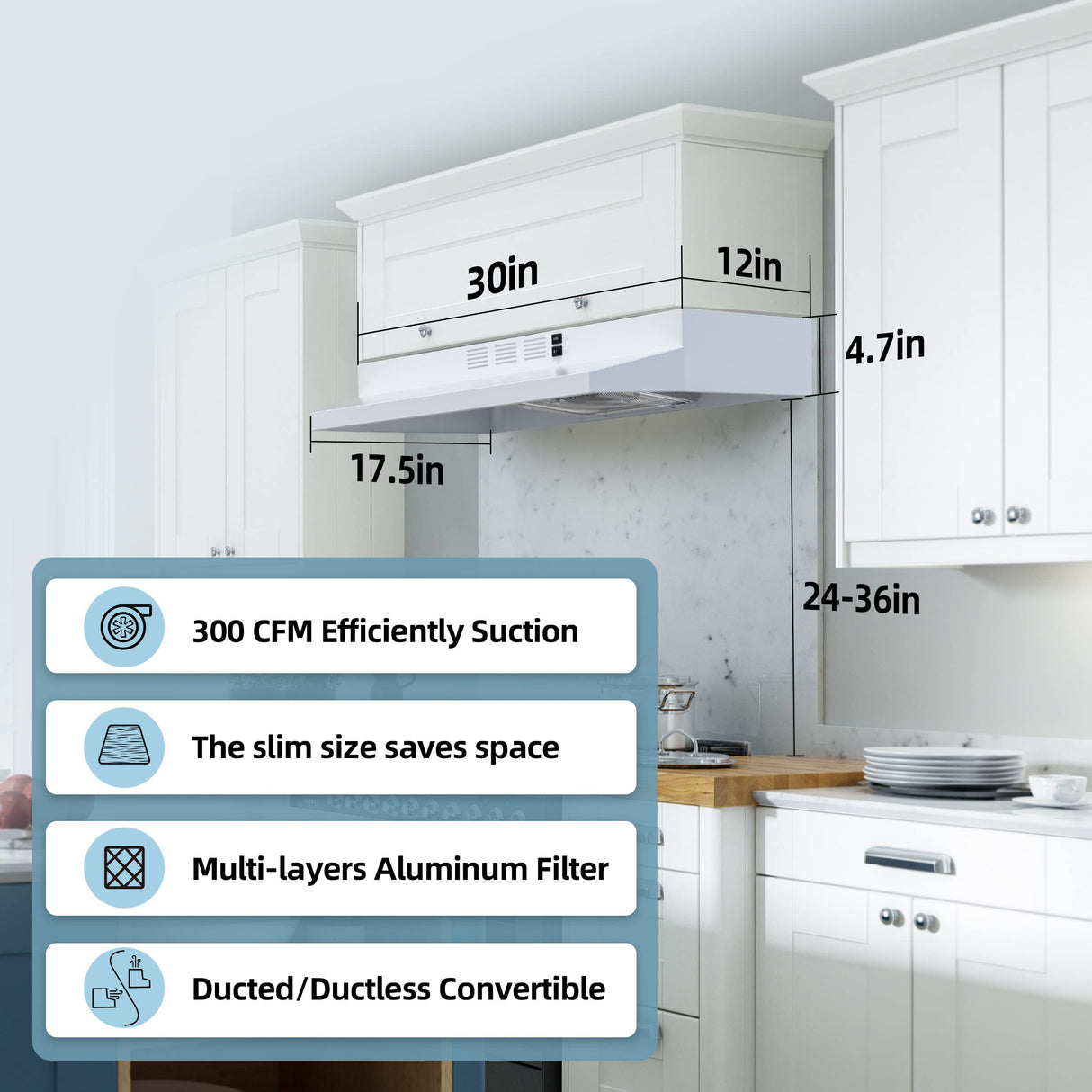 FIREGAS Range Hood 30 inch Under Cabinet Range Hood with 2 Speed Exhaust Fan,Ducted/Ductless Convertible,Rocker Button Control,300 CFM, White Vent Hood Aluminum Filter Included FIREGAS