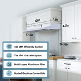 FIREGAS Range Hood 30 inch Under Cabinet Range Hood with 2 Speed Exhaust Fan,Ducted/Ductless Convertible,Rocker Button Control,300 CFM, White Vent Hood Aluminum Filter Included FIREGAS