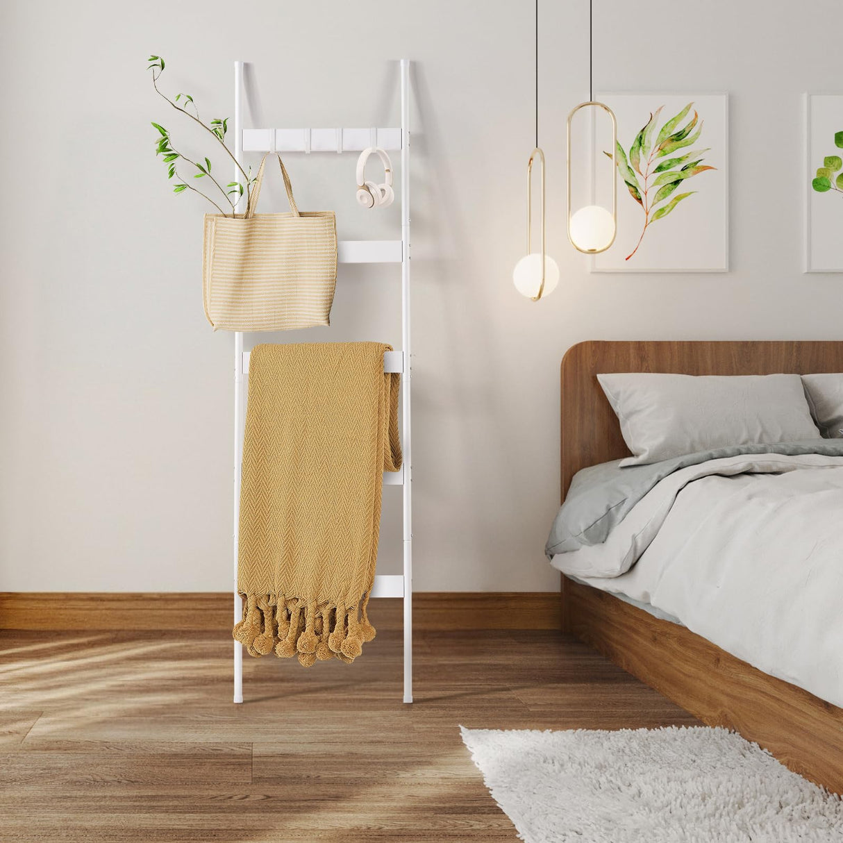 ELYKEN Blanket Ladder for Living Room, Farmhouse 5 -Tier Quilt Holder with 4 Removable Hooks for Bathroom, Wood Towel Rack Display, Wall Anchor Leaning Decorative Stand for Home Decor, White ELYKEN