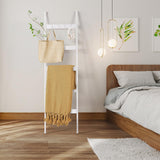 ELYKEN Blanket Ladder for Living Room, Farmhouse 5 -Tier Quilt Holder with 4 Removable Hooks for Bathroom, Wood Towel Rack Display, Wall Anchor Leaning Decorative Stand for Home Decor, White ELYKEN