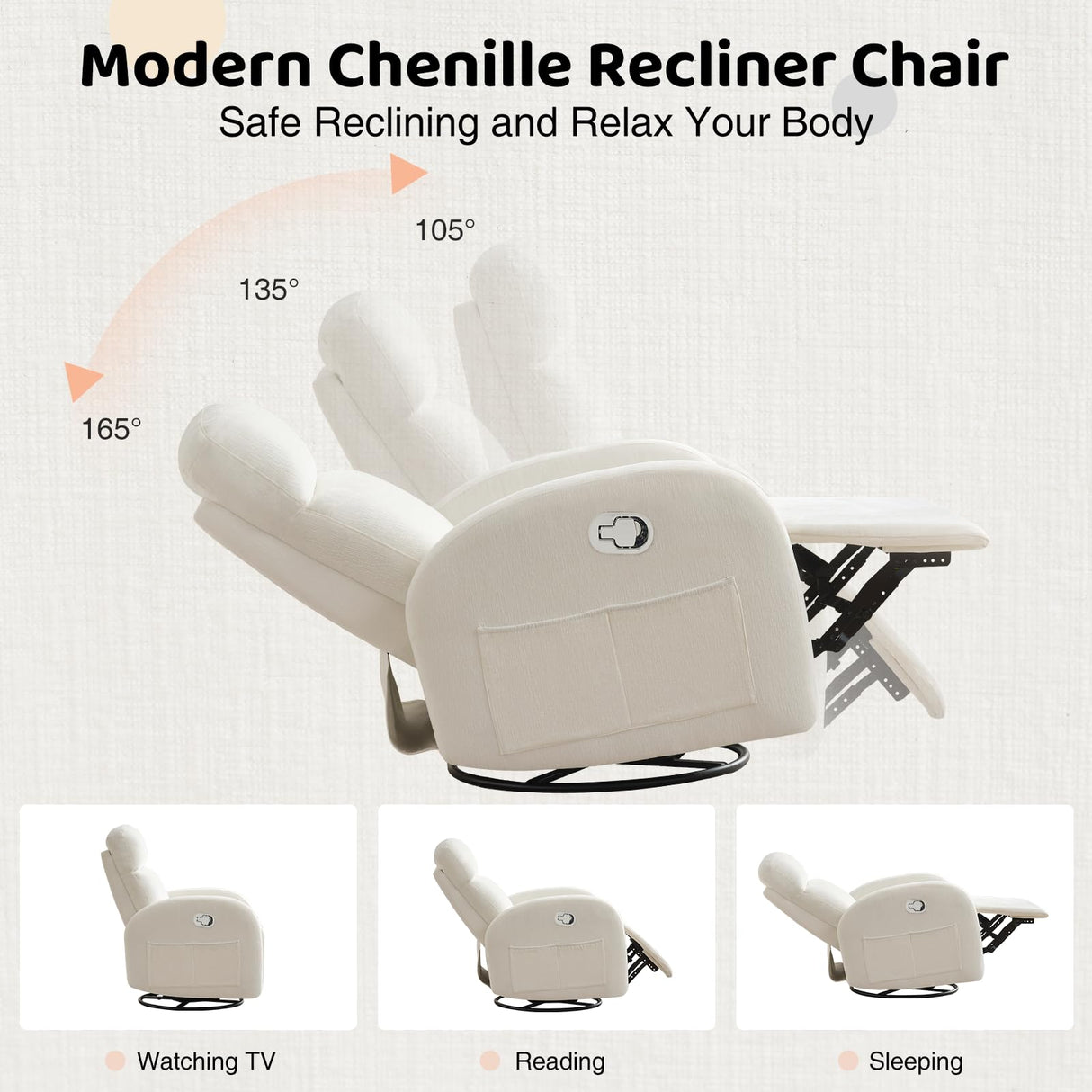 BaseBeauty Glider Nursery Recliner Chair, Swivel Rocker Recliner Glider Chair with 2 Pockets, Rocking Recliner Nursery Chair, Manual Recliners for Living Room, Bedroom, Cream White Chenille BaseBeauty