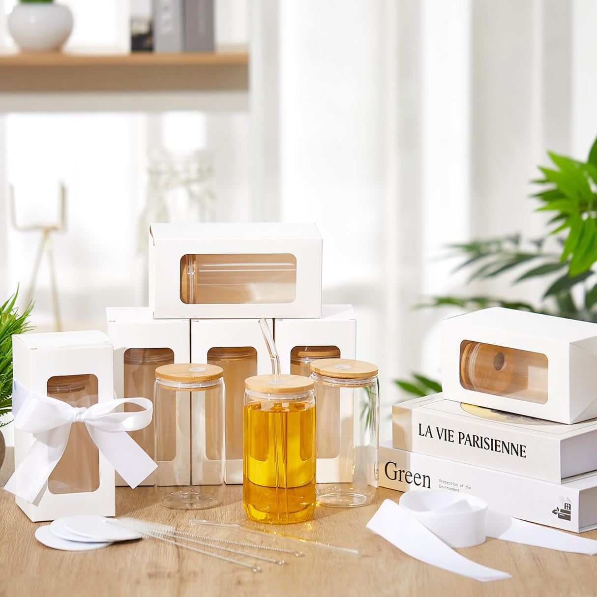 Fulmoon 12 Sets Sublimation Glass Gift Boxes Christmas Thank You Glass Cup Boxes with Ribbon Gift Wrap Boxes for Thanksgiving Christmas Shipping Blanks Sublimation Gift Wrapping (White) Fulmoon