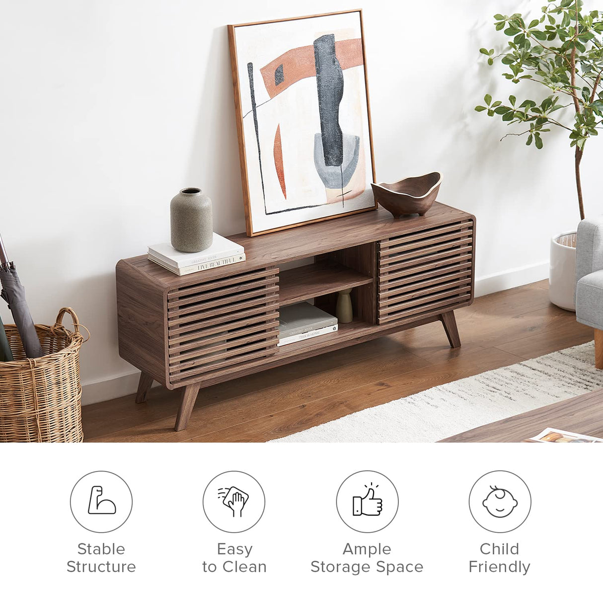 mopio Ensley TV Stand, Mid-Century Modern Television Stand for 55/60/65 inch TV, Farmhouse Entertainment Center with Storage, Media Console Credenza Table for Living Room, Bedroom (Walnut, 59" Tall) mopio