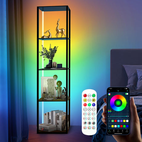 Caupel 5 Tiers Corner Shelf with LED Light, 63.78" Tall Display Shelf for Collectibles, LED Corner Floor Lamp with APP and Remote Control for Living Room Bedroom Caupel