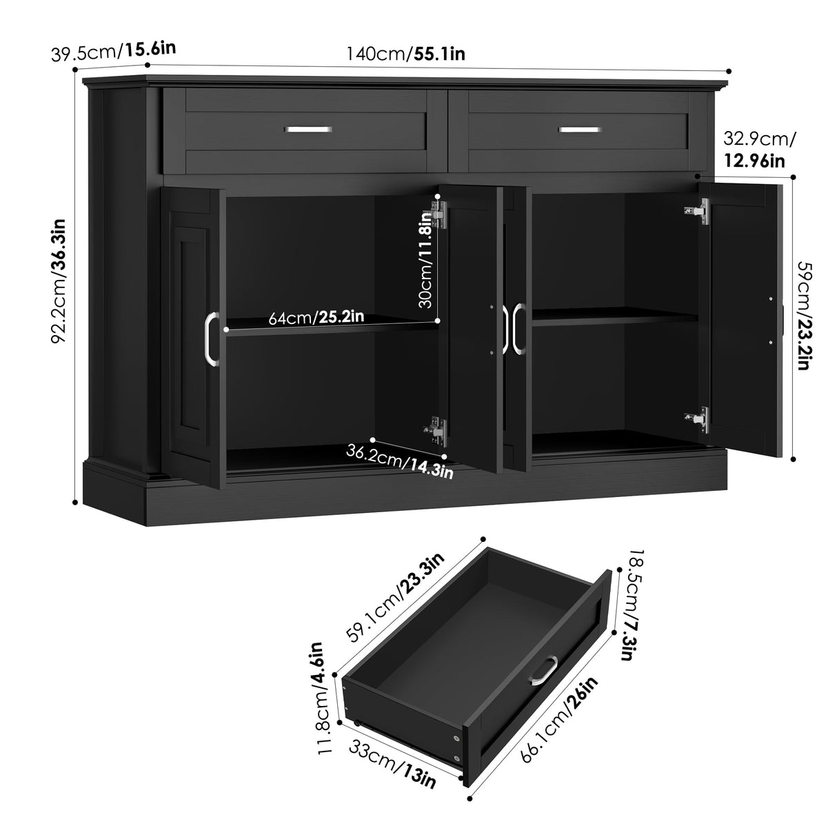 FACBOTALL Sideboard Buffet Cabinet with Storage, 55.1" Large Kitchen Storage Cabinet with 2 Drawers and 4 Doors, Farmhouse Coffee Bar for Kitchen Dining Room, Black FACBOTALL