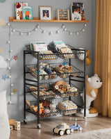 Evermagin Kitchen Storage Cart, Rolling Snack Cart, 25.2''W 4 Tier Fruit Basket Stand, Metal Pantry Storage with Stackable Wire Basket, Black Evermagin