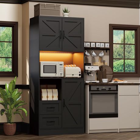 Frmobepts Kitchen Pantry Storage Cabinet with LED Lights and Power Strip, Tall Farmhouse Kitchen Pantry with Barn Doors and Drawers, Adjustable Shelves for Dining Living Room (Black) Frmobepts
