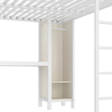 Bellemave Queen Loft Bed with Desk & Wardrobe, Heavy Duty Metal Loft Beds with Storage Shelves, Space Saving Loft Bed Queen Size with Safety Guard, White Wood Grain Bellemave