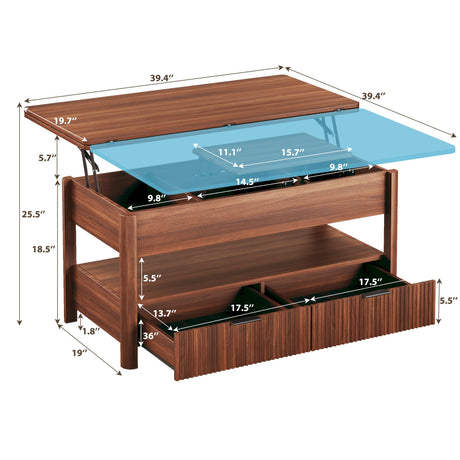 HUAHUU 40" Lift Top Coffee Table, 4 in 1 Square Coffee Table with Storage Shelf & 2 Drawers, Modern Coffee Tables with Lift Tabletop, Converts to Dining Table for Living Room, Home Office, Walnut HUAHUU