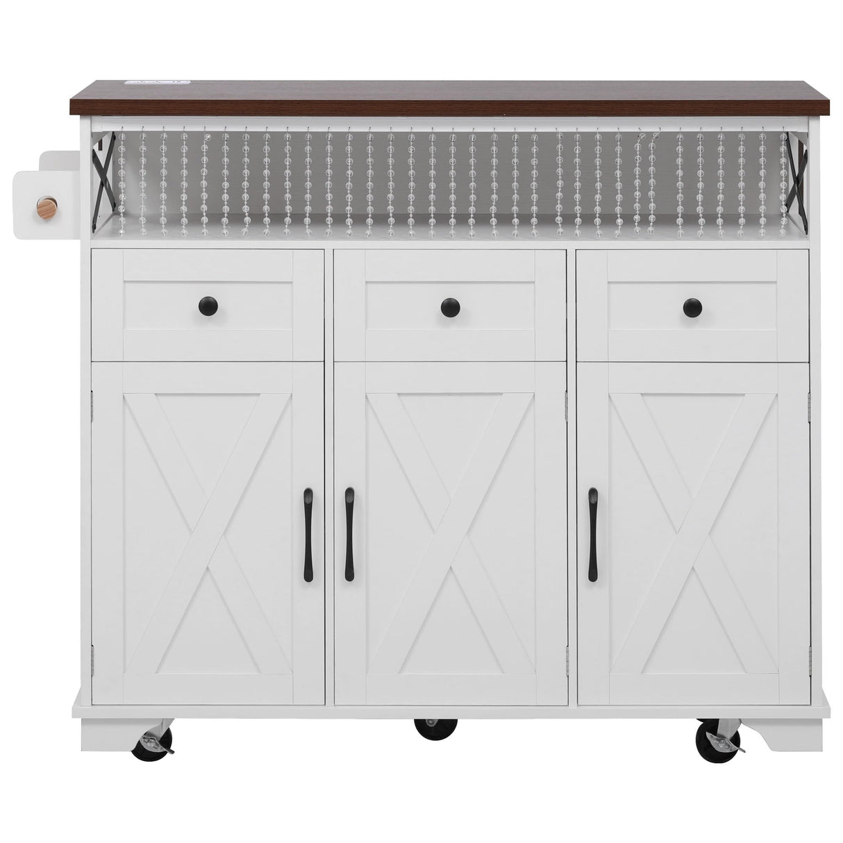 Ball & Cast Farmhouse Kitchen Island with Drape of Beads & Power Outlet, Rolling Kitchen Cart on 5 Wheels, 3 Drawers, Internal Iron Shelf & Towel Rack, for Kitchen & Dining Room, White Ball & Cast