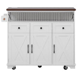 Ball & Cast Farmhouse Kitchen Island with Drape of Beads & Power Outlet, Rolling Kitchen Cart on 5 Wheels, 3 Drawers, Internal Iron Shelf & Towel Rack, for Kitchen & Dining Room, White Ball & Cast