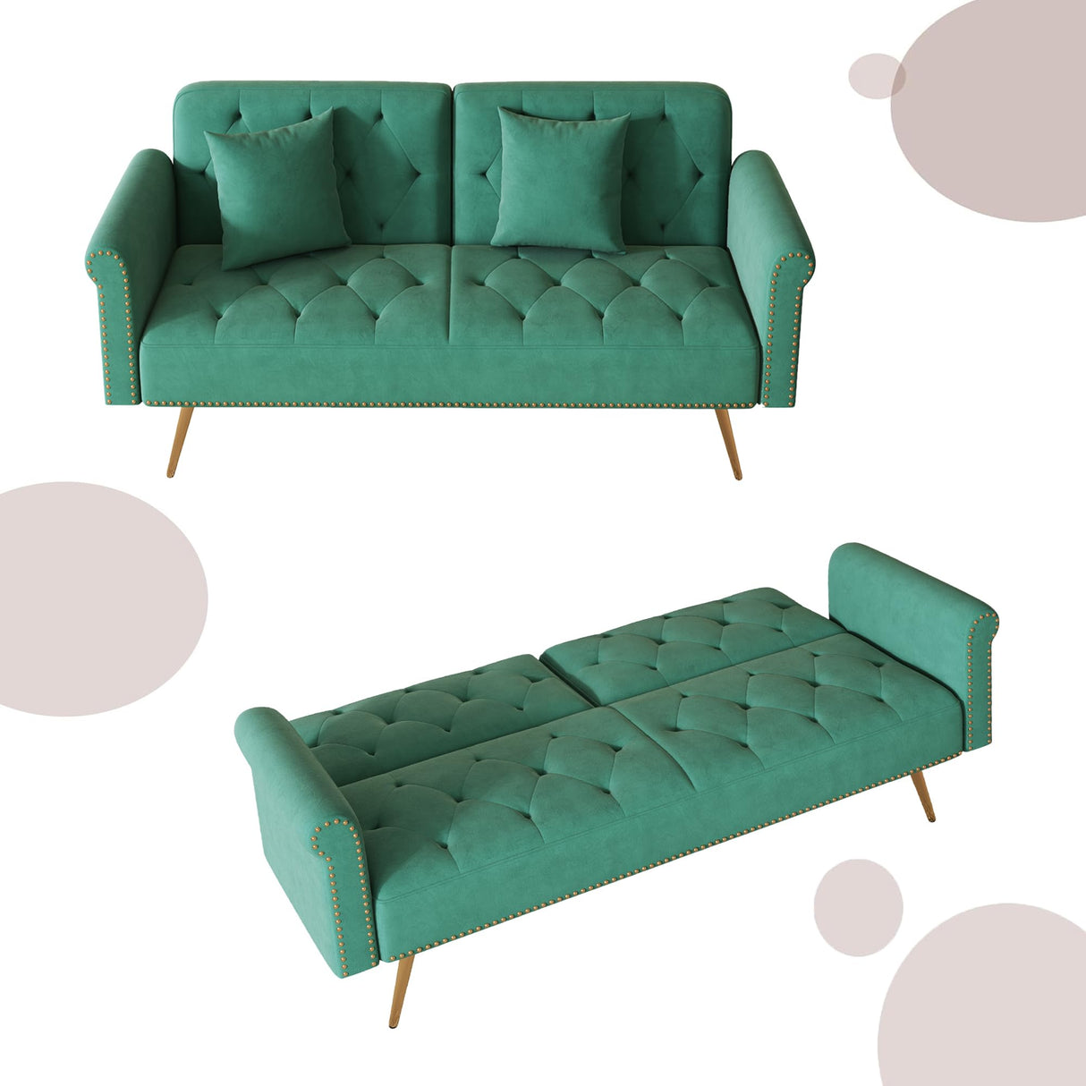 Modern Velvet 2 in 1 Futon Sofa Bed,Convertible Folding Sleeper Bed Couches with 2 Pillows,73" Tufted Recliner Love Seat with Golden Chrome Legs for Living Room Apartment Office (Green) Anwick