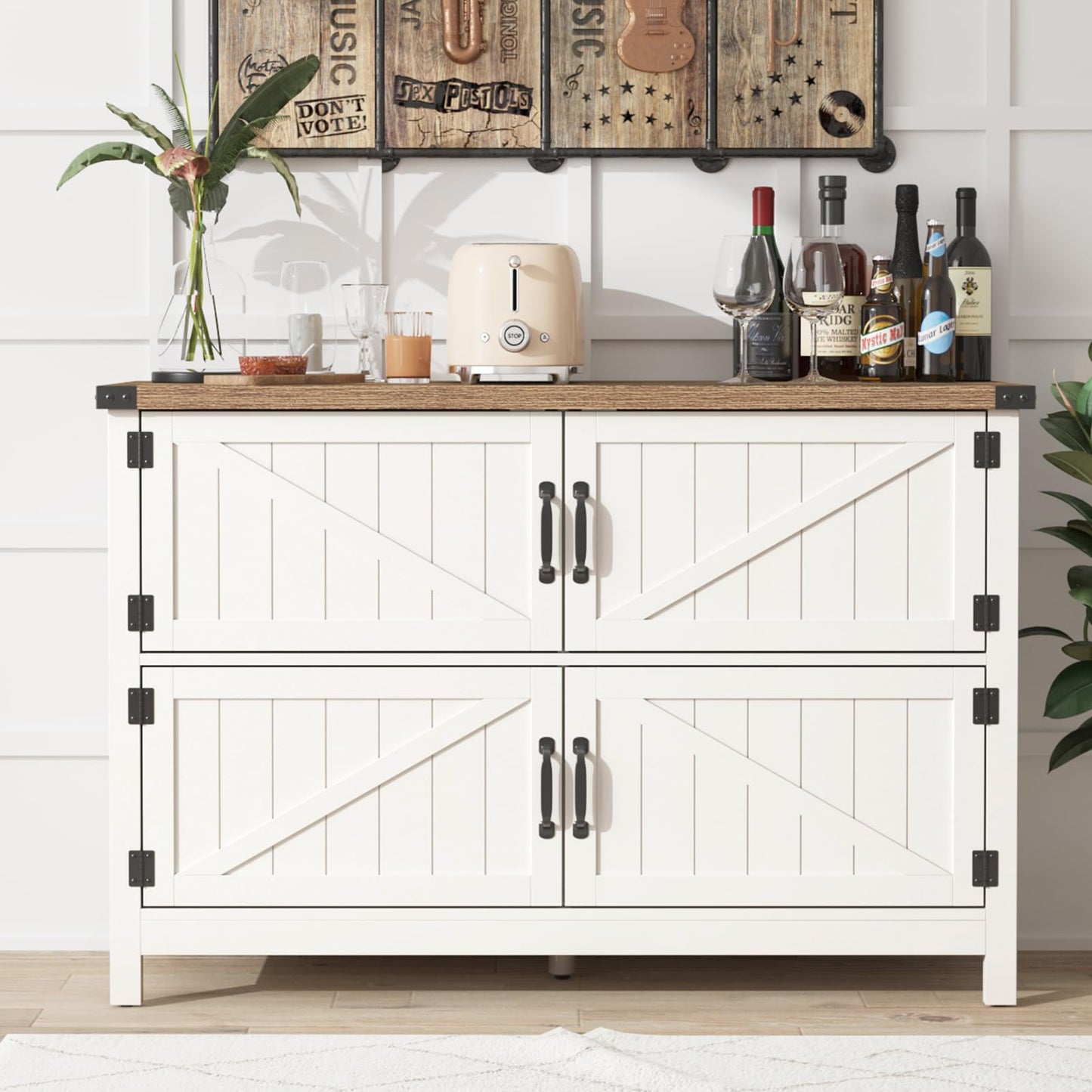 Vabches Storage Cabinet with 4 Barn Doors, 47.3'' Coffee Bar Buffet Cabinet, Sideboard Buffet Cabinet for Dinning Room, Kitchen & Living Room,White