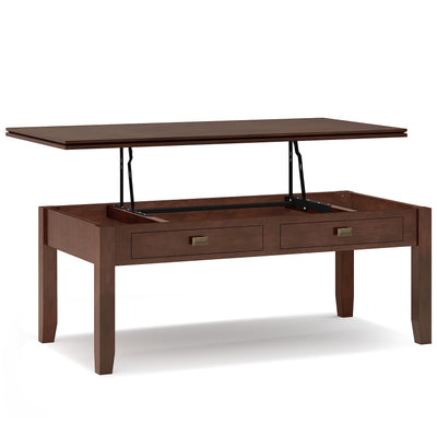 SIMPLIHOME Artisan SOLID WOOD 46 Inch Wide Rectangle Contemporary Lift Top Coffee Table in Russet Brown, For the Living Room and Family Room