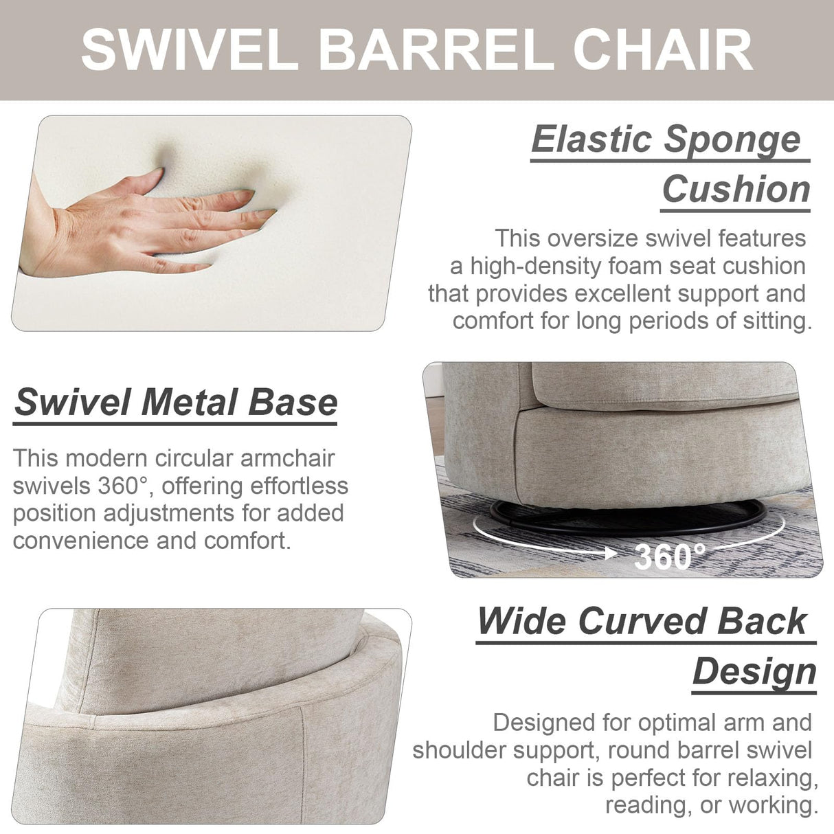 ODUWA Swivel Barrel Chair,31.9" W Modern Round Accent Arm Chairs Upholstered Comfy 360 Degree Swivel Single Circle Club Sofa Chair for Nursery Living Room Bedroom, Beige ODUWA