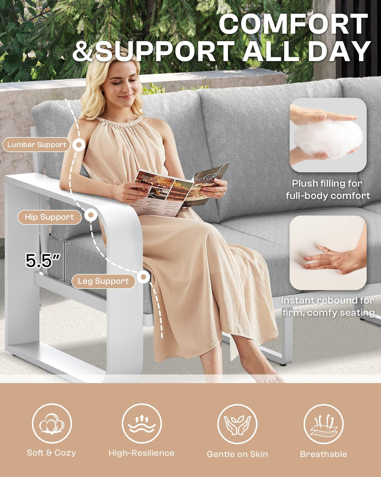 Oasbira Aluminum Outdoor Patio Furniture Set 4 Piece, Oversized Patio Conversation Sets Widened Armrest & Ultra-Thick Cushions, Deep Seating Modern Sectional Furniture for Backyard, Porch, White Oasbira