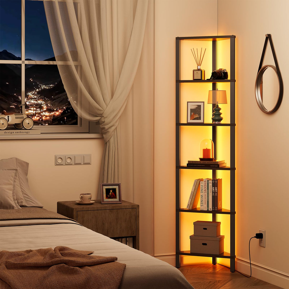 TUTOTAK Corner Shelf with LED Light, 6-Tier Corner Bookshelf for Small Space, Narrow Display Corner Shelf Stand with Storage Rack, for Living Room, Bedroom, Black BS05BK006L TUTOTAK