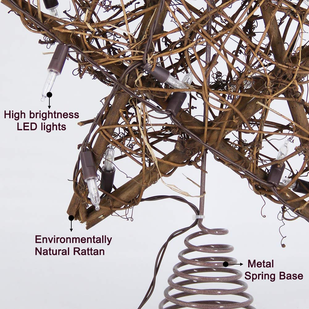 Twinkle Star Christmas Star Tree Topper, Rustic Rattan Treetop with 15 LED Lights Christmas Tree Holiday Xmas Party Decorations, 12.2 Inch (H) Twinkle Star
