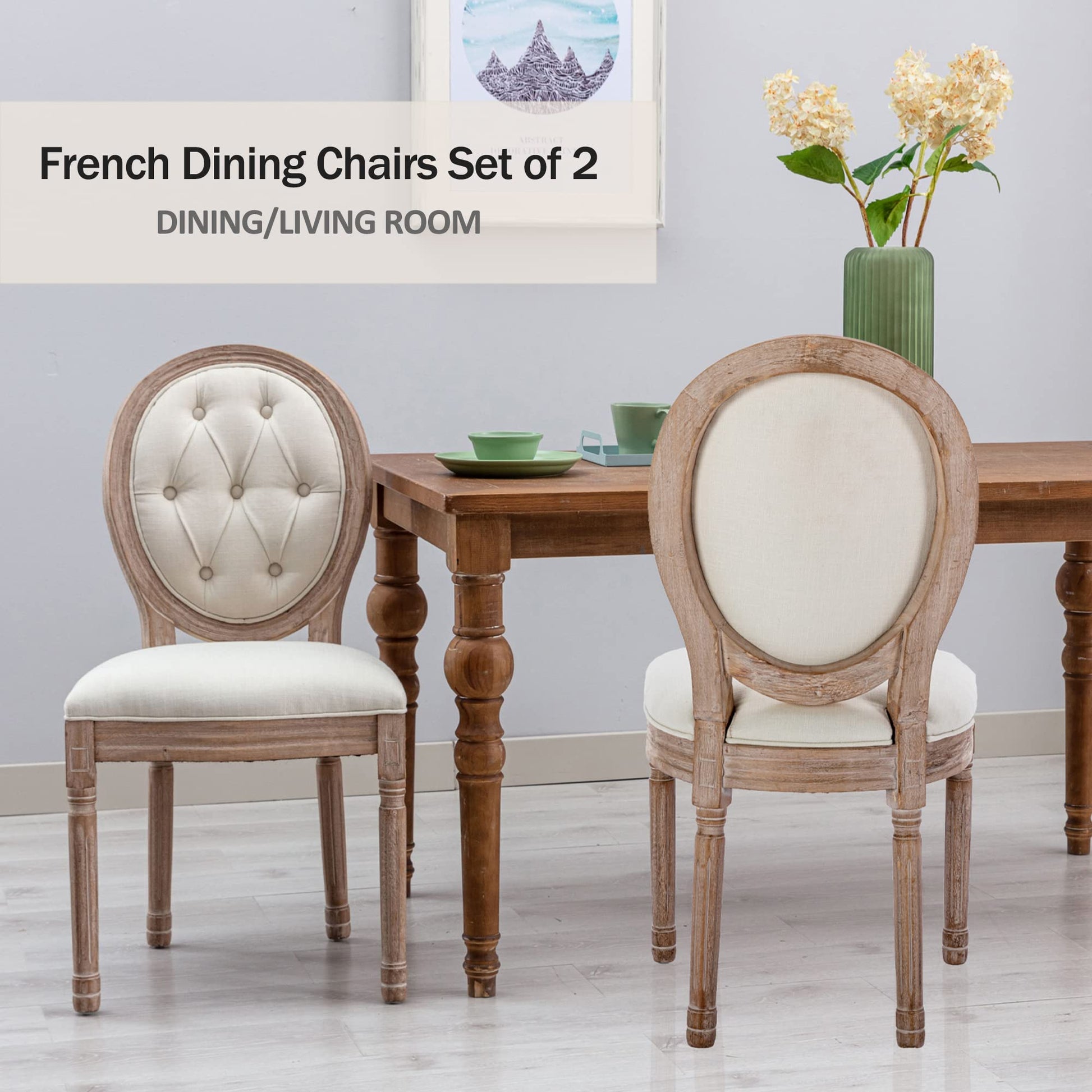 Nrizc French Country Dining Chairs Set of 2, Farmhouse Dining Chairs with Round Button Back, Solid Wood Legs, Oval Side Chairs for Kitchen/Bedroom/Dining Room - WoodArtSupply