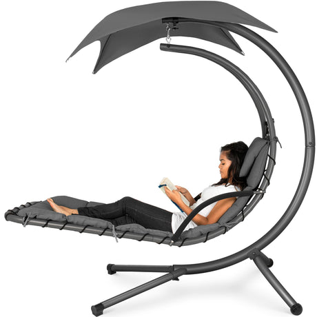 Best Choice Products Outdoor Hanging Curved Steel Chaise Lounge Chair Swing w/Built-in Pillow and Removable Canopy - Charcoal Gray Best Choice Products