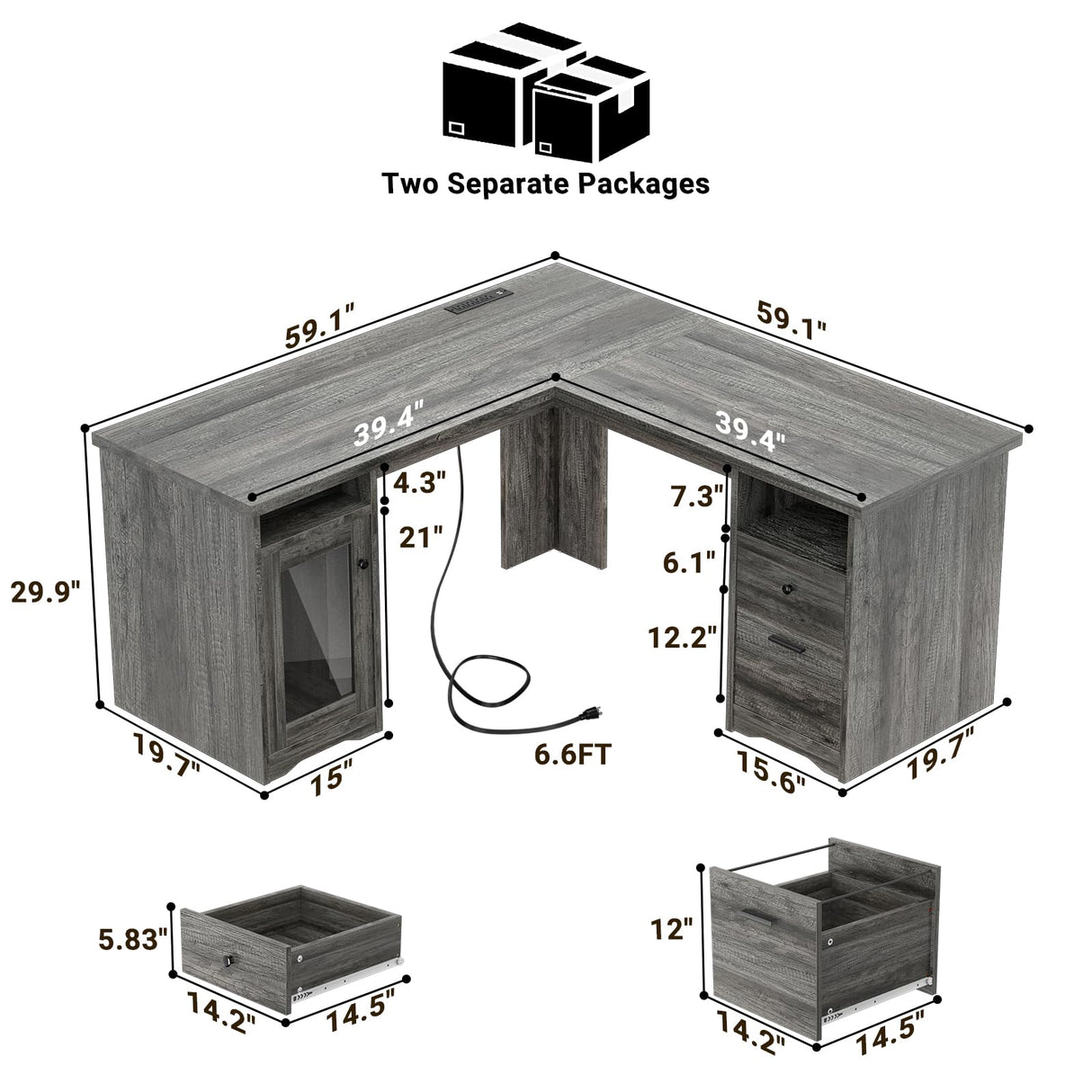 Unikito L Shaped Desk with Drawers, 60 Inch Corner Computer Desks with USB Charging Port and Power Outlet, Large 2 Person Home Office Table with File Cabinet, Black Oak Unikito