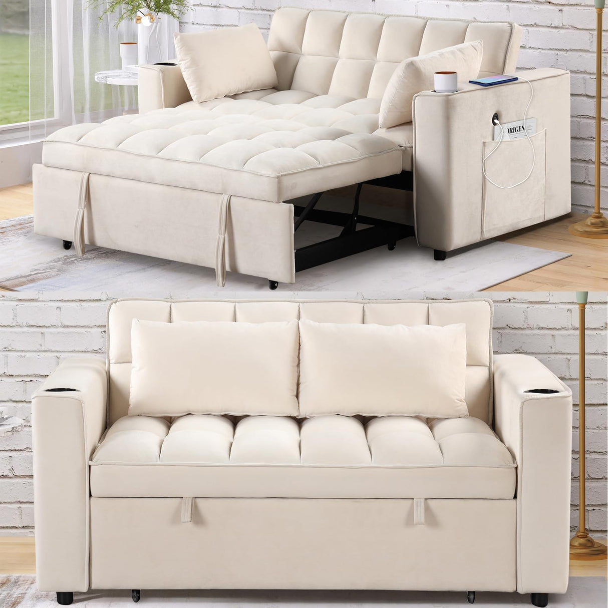 Merax 55.3" Loveseat with Pull Out Bed, Convertible Velvet Sleeper Sofa Bed with Cup Holder & USB Port, 2 Pillows, and Adjustable Backrest for Living Room or Apartments, Cream White Merax