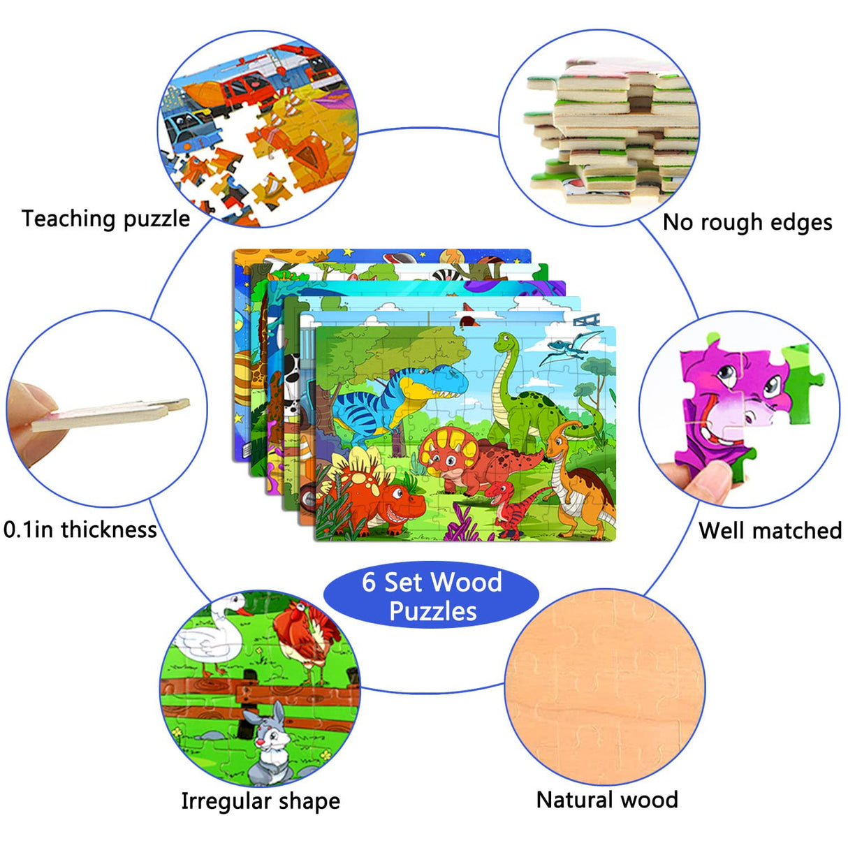 Puzzles for Kids Ages 4-8, 6 Pack Wooden Jigsaw Puzzles 60 Pieces Preschool Educational Learning Toys Set for Boys and Girls Runlycan
